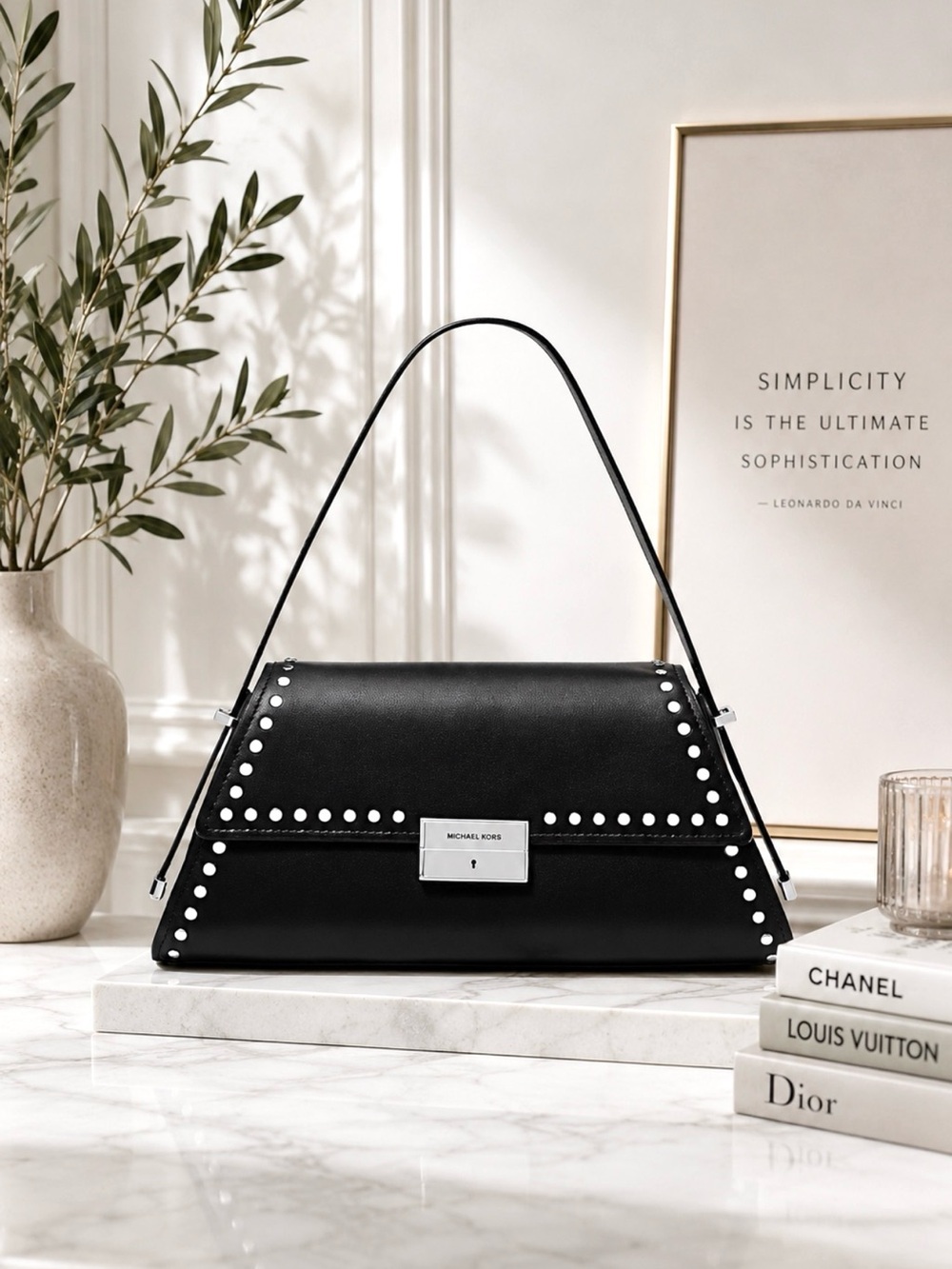 MICHAEL KORS Black Ludlow Bag w/Silver Rivet Accents Magnetic Closure Boss Babe